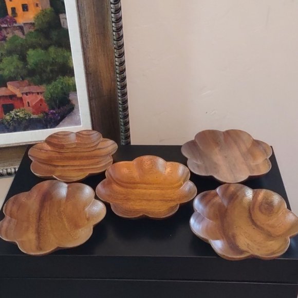 Vintage Monkey Pod Wood 5pc Small Scalloped Bowls by Hibiscus - Picture 2 of 6